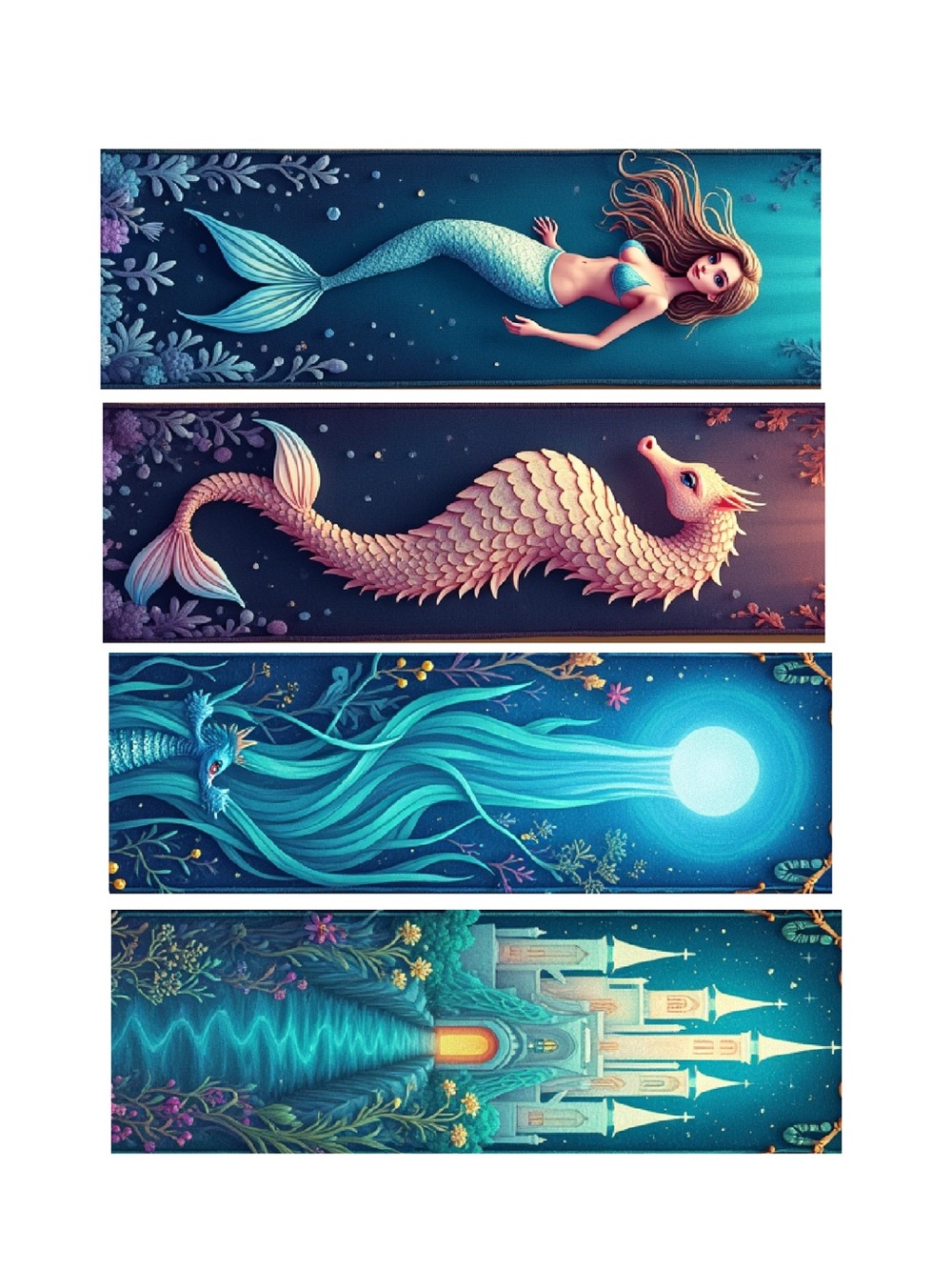 Fantasy Mermaid & Castle Bookmark Art Set - Teal, Aqua, Pink